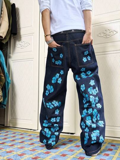 Manfinity EMRG Men's Floral Print Pockets Casual Versatile Commuting Loose Fit Jeans Flower Jeans