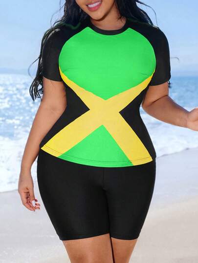Swim SPRTY Plus Size Women Patchwork Color Block Short Sleeve Top And Shorts Casual Beach Swimsuit Set