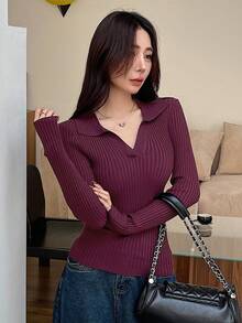 DAZY 女士秋季简约纯色翻领修身长袖毛衣 - 酒紅色 - 查看 3