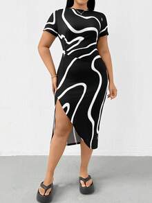 SHEIN Essnce Abito estivo casual, comodo ed elastico, con stampa geometrica bianca e nera, adatto a taglie forti, vestito aderente da donna per la primavera/estate, abiti da vacanza, abbigliamento curvy - nero - Visualizzare 6