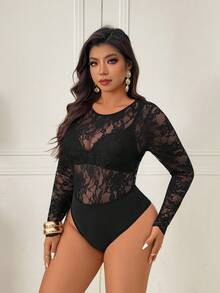 Femmeverse 大码女士性感连体衣，圆领，蕾丝拼接纯色 - 黑色 - 查看 3
