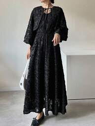 FRIFUL 纯色二合一纹理面料系带腰部宽松喇叭下摆休闲连衣裙