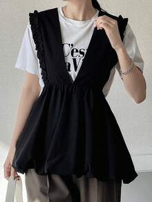 FRIFUL Women's Solid Color Layered Ruched Frill Trim Loose Casual Versatile Tank Top Summer - Black - View 4