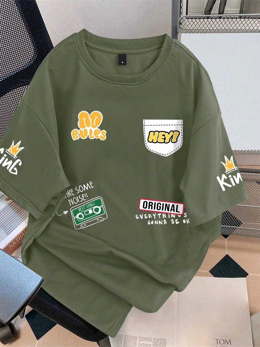 Claim Dot 宽松男士卡通标语图案落肩T恤 - 軍綠色 - 查看 1