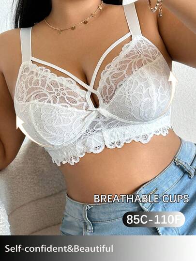 DesireSculpt 1pc Plus Size Women Lace Bow Decor Wireless Bra