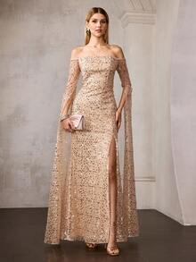 MOTF Soiréza Đầm maxi nữ thanh lịch, ôm sát, hở vai, tay dài, đính sequin lấp lánh, xẻ cao, dáng đuôi cá – lý tưởng cho các sự kiện trang trọng, dạ hội, tiệc tùng và bữa tối. - Rượu sâm banh - Xem 6
