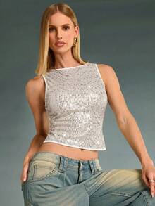 SHEIN BAE 女士酒红色纯色安哥拉羊毛混纺无袖圆领上衣，饰有优雅闪亮亮片，简约休闲，适合鸡尾酒会、浪漫约会、秋冬叠穿、聚会、派对、万圣节、圣诞节、新年等场合。 - 杏色 - 查看 4