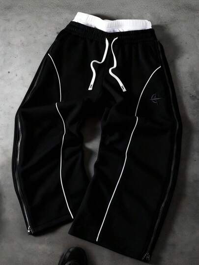 PAVTROS Pantalon large style streetwear jeune avec double fermeture éclair à la taille et empiècements latéraux, coupe ample, imprimé graphique, assorti, pour les amis, << J'aime mon copain », style urbain, pour les couples, double ceinture avec bandes réfléchissantes et motifs brodés à la mode.