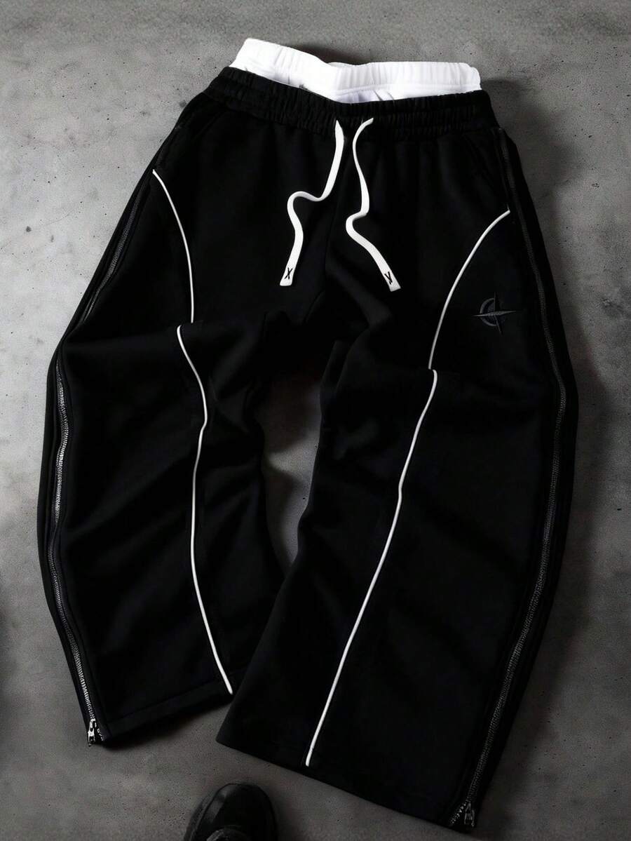 PAVTROS Quần ống rộng phong cách đường phố trẻ trung với khóa kéo đôi ở eo và hai bên hông, thời trang đường phố, dáng rộng, họa tiết đồ họa, phối đồ, bạn bè, thể hiện tình yêu với bạn trai, phong cách đường phố, cặp đôi, cạp quần đôi, viền phản quang cho các họa tiết thêu bán chạy. - màu đen - Xem 1