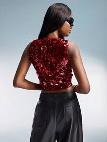 Aveloria GENKIRA Sequin Cropped Tank Top, Fashionable For Summer Party - Burgundy - View 2