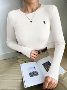 DAZY Suéter de ajuste ceñido de cuello redondo de unicolor, estilo casual de negocios - Blanco - Ver 5