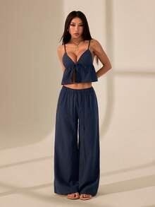 SHEIN PETITE 1 Set Women Navy Cotton & Linen Camisole And Pants, 100% Cotton, Comfortable - Navy Blue - View 1