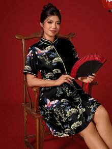 Elenzga 大码女式仙鹤印花短袖纽扣设计中国新年连衣裙 - 黑色 - 查看 4