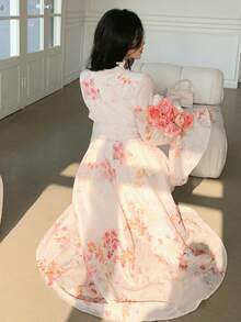 DAZY فستان أنيق للنساء بياقة على شكل حرف V وأكمام واسعة متوسط الطول، فستان ضيف حفل زفاف في الربيع/الصيف - وردي - مشاهدة 2