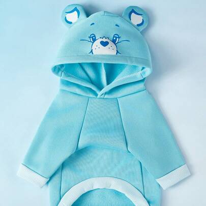 Care Bears X PETSIN 1件睡前小熊宠物猫狗通用连帽衫，可爱小熊印花3D耳朵装饰，蓝色舒适狗狗连帽衫