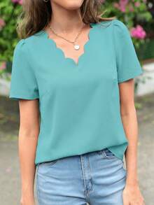 SHEIN Clasi Áo kiểu nữ màu trơn cổ chữ V tay phồng ngắn thời trang - Màu xanh bạc hà - Xem 3
