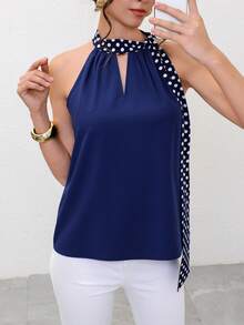 Pariaura Women's Spring/Summer Casual And Elegant Commuting: Sleeveless Halter Neck Top, Polka Dot Tie, Openwork Tank Top, Suitable For Dates, Office Wear, Teachers, Summer Vacations, Beachwear, Parties, And Music Festivals. Dark Blue Top Blue Summer Top Navy Blue Top Scarf Top - Navy Blue - View 1