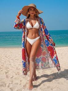 Swim Lushoire Áo khoác kimono in hoa dành cho nữ, có thắt lưng rời, thích hợp cho đi biển, dự tiệc, kỳ nghỉ. - Nhiều màu - Xem 3