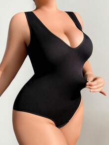 SHEIN 1件装女士加大码无缝舒适运动性感束腰连体衣 - 黑色 - 查看 5