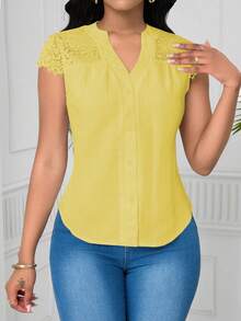 SHEIN Lunessa Elegant Lace Patchwork Wave Striped Short Sleeve Women Blouse - Yellow - View 6