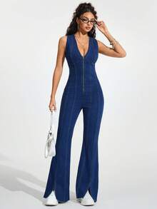 Jeanoix 女士深V领拉链前开衩下摆性感无袖牛仔连体裤 - 中等水洗藍 - 查看 5