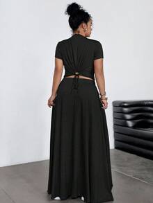 Dripcurv 2 件大码套装：休闲弹力短袖上衣和长款修身裙，灰色 - 黑色 - 查看 2