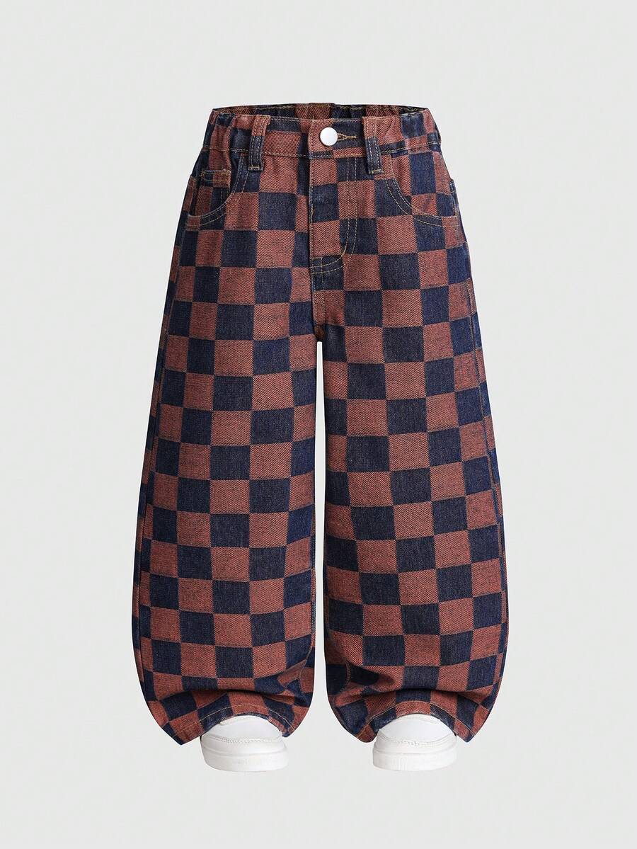 SHEIN Young Girl Casual Boho Holiday Paperback Waist Flat Pockets Wide Legs Jeans, Girls Daily OOTD Outfits - Pink - View 1