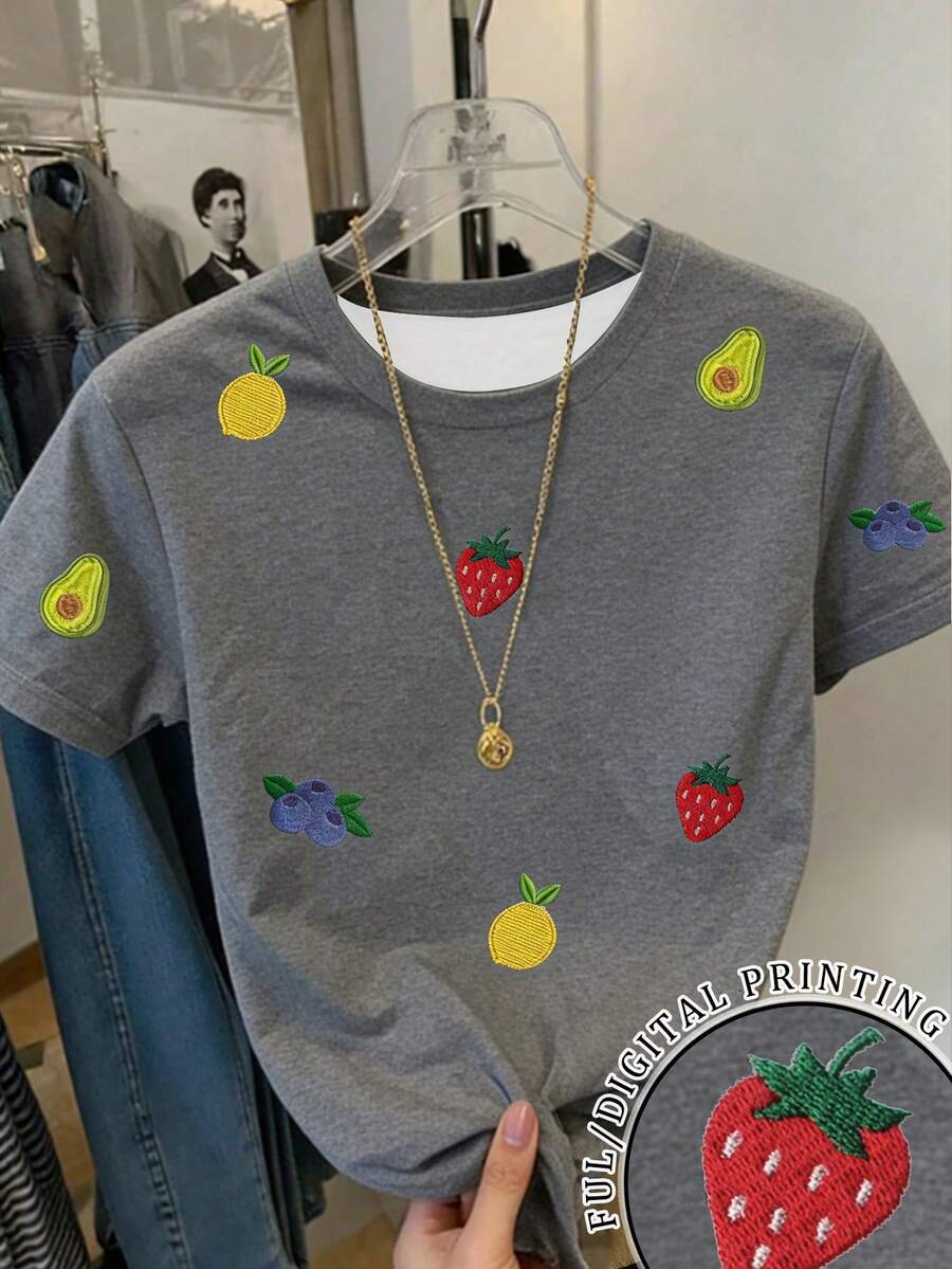 Resyla Women's Strawberry & Avocado Embroidery Round Neck Short Sleeve Casual T-Shirt - Multicolor - View 1