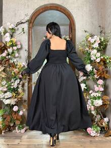 Lyrianda 大码爱心印花长泡泡袖方领中长连衣裙，春夏款 + 端庄 - 黑色 - 查看 2