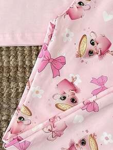 Tween Girl Casual Cartoon Pattern Short Sleeve Crew Neck T-Shirt Top And Snug Fit Leggings Loungewear Set