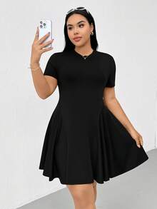 Shapeblank Plus Size Women's Black Short Sleeve Waist Cinching Mini Dress, High Elasticity, Casual Elegant Western Filipiniana, Spring/Summer Graduation - Black - View 5
