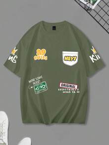 Claim Dot 宽松男士卡通标语图案落肩T恤 - 軍綠色 - 查看 3