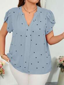 Reflora Plus Size Notch Neck Petal Sleeve Heart Print Minimalist Top Valentines - Baby Blue - View 5