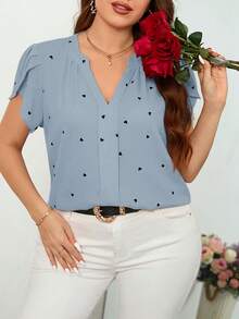 Reflora Plus Size Notch Neck Petal Sleeve Heart Print Minimalist Top Valentines - Baby Blue - View 6
