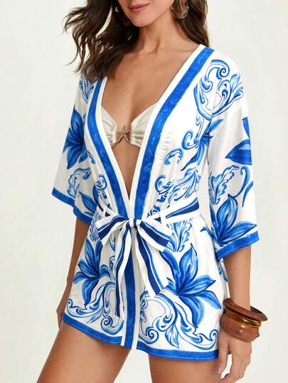 CAJUNI Women's Casual Vacation Tropical Lily Floral Blue & White 3/4 Sleeve Cardigan Top, Suitable For Dates, Outings, Beach Cover Up Top