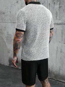 SLATEMANN Men's Knitted Short Sleeve Polo Shirt And Shorts 2-Piece Set, Casual Button Collared Outfit,Black And White,Summer,Streetwear,City Break Gift - Black and White - View 2