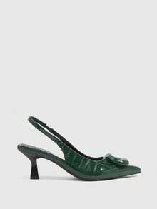 CUCCOO SZL Women Square Buckle Pointed Toe Slim High Heel Ankle Strap High Heel Sandals, Minimalist Fashion Pumps For Christmas Spring Shoes - Dark Green - View 2