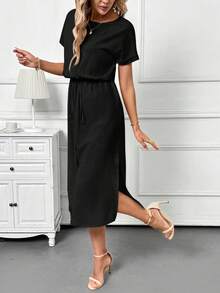 SHEIN Clasi Apricot Vacation Round Neck Short Sleeve Fitted Mid-Length Dress For Women, Suitable For Summer Casual, Holiday, Daily Commute - Black - View 3