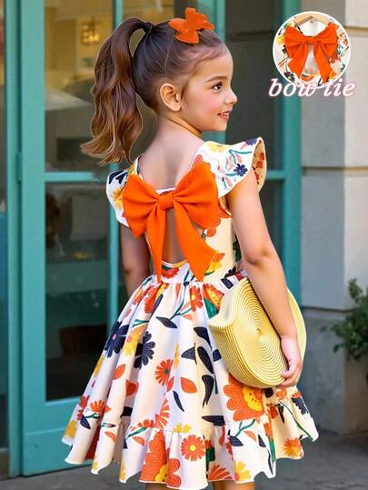SHEIN Girls Multicolor Floral A Line Dress With Flounce Sleeves And Large Back Bow Tie For Vacation Orange Bow Dress Girl Open Back Dress Flower Print Girl Dress Kids Summer Dress Apricot Dress For Girl Orange Flower Dress Open Back Dress For Kids Girl Bow Dress Corals Peaches Oranges Girl Dress