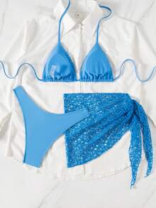 Swim SXY 3件套女士性感露背系带比基尼泳衣，适合夏季度假 - 藍色 - 查看 5