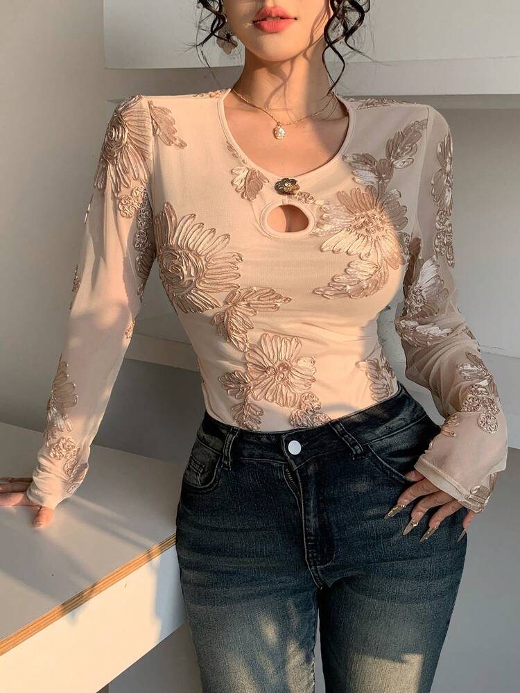 Women's Elegant Floral Print T-Shirt, Spring/Summer Long Sleeve,Wedding Guest Dress Women