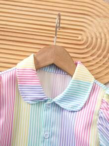 SHEIN Young Girl Summer Casual Striped & Floral Print Button Front Puff Sleeve Shirt - Multicolor - View 4