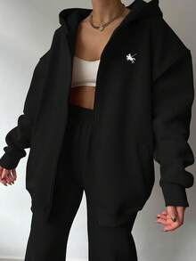 INAWLY 2pcs Casual Loose Hooded Graphic Print Long Sleeve Sweatshirt Jacket & Drawstring Waist Loose Pants Set - Black - View 6