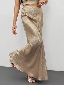 SHEIN Tall 金色纹理低腰超长鱼尾裙，金色半身裙，秋季半身裙，适合夜店派对、外出、秋季女装、复古富贵风、工作/办公室、商务休闲场合 - 金色 - 查看 8