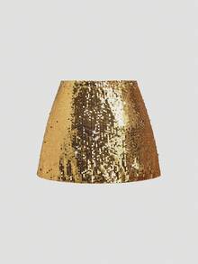 Sweetra Glittery Bodycon Mini Skirt, Glamorous Party Wear, Sexy High Slit Design, Elegant Yellow - Yellow - View 3