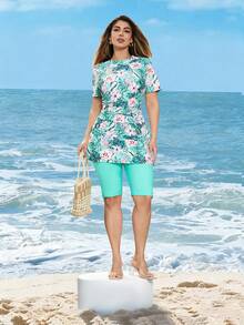 Swim Mulvari 2pcs Plus Size Set, Random Print Top And Solid Color Shorts, Middle Eastern Style Modest Swimwear - Green - View 3