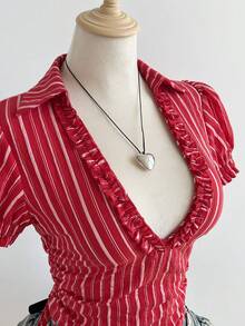 Elamini 性感修身荷叶边深V领收腰条纹短袖衬衫 - 紅色 - 查看 5