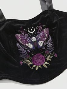 ROMWE Fairycore Top de tirantes con escote cuadrado y cordones, con bordados de polilla, mariposa, rosa, planta, luna y estrella para mujeres - Negro - Ver 3