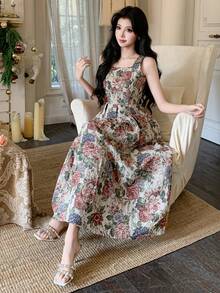 DAZY Women's Elegant Floral Print Sleeveless Dress With Square Neckline, Summer - Apricot - View 5