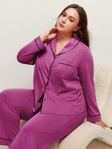 LUVLETTE Conjunto de pijama de algodón 100% puro suave con pantalón y top con botones y ribete de contraste para tallas grandes - Morado - Ver 9